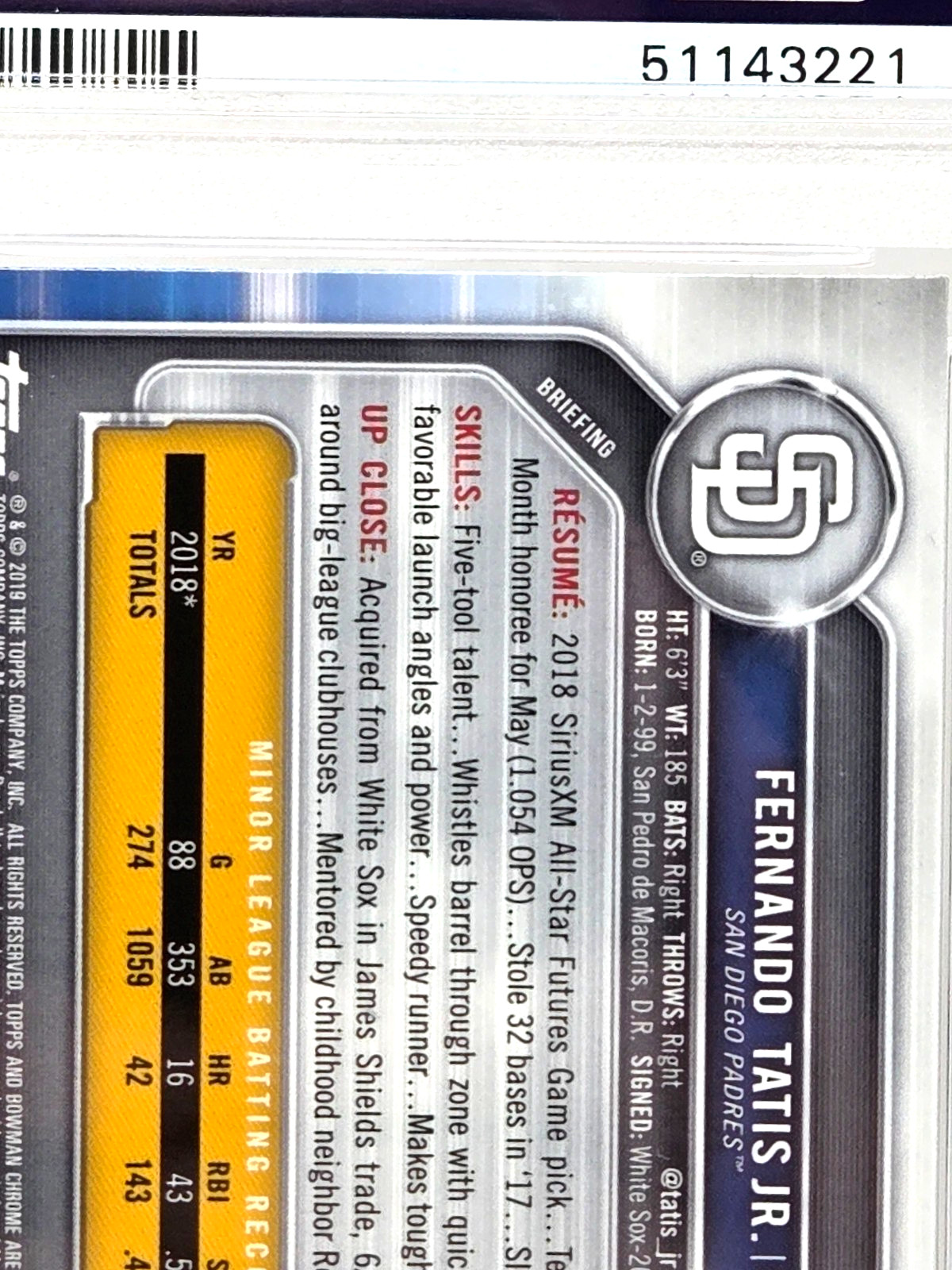 2019 Bowman Chrome FERNANDO TATIS JR RC Rookie Baseball Card PSA 10 GEM MINT view 2