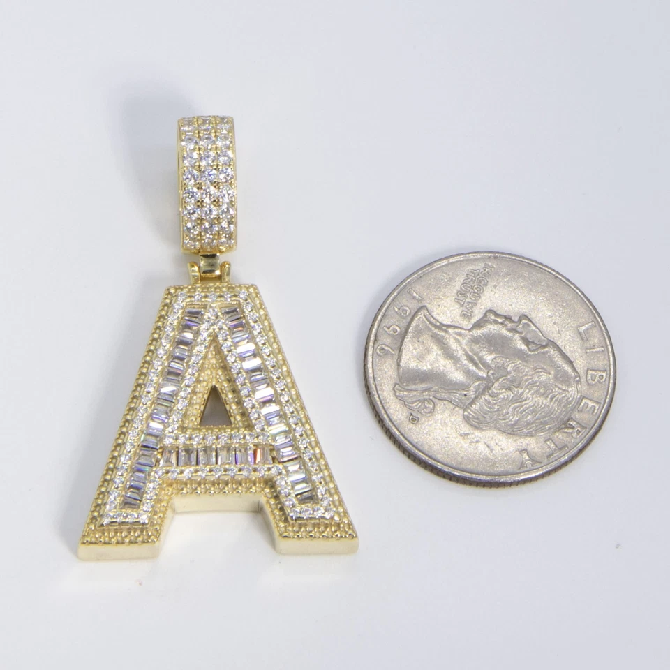 3.8cm Baguette Blocco Iniziale Ciondolo 14K Giallo Placcata Oro Argento Sterling - Immagine 3 di 4