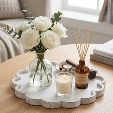 White Decorative Serving Tray Wood 12.6 Inch Scalloped Round Display Plate
