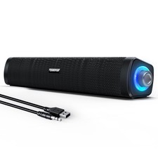 Wired USB Computer Speakers with LED Lights, 3.5mm Aux, Volume Knob Black