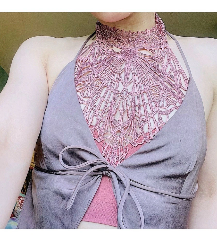 Sutiã feito à mão rosa crochê renda intrincada gola alta bralette algodão bandeau top - Imagem 4 de 4