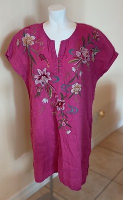 NWT JOHNNY WAS Fuschia  Embroidered Maisie Easy Button Tunic Dress SZ M RV $295