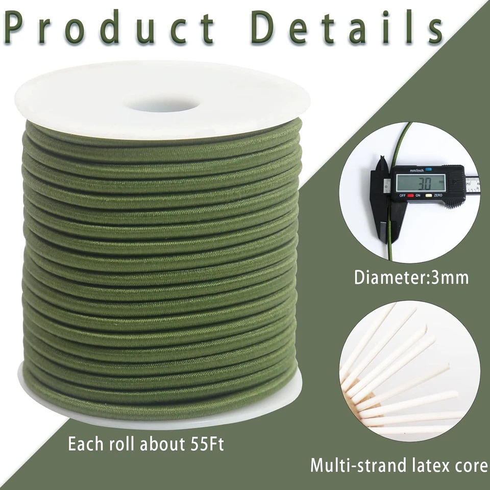 Cuerda elástica verde oliva de 1/8 pulgada para coser 55 pies 3 mm redonda elástica Ro... Foto 2 de 4