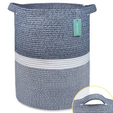 BOSROTY Cotton Rope Blanket Basket, 72L Laundry Hamper, Navy Blue andWhite ...