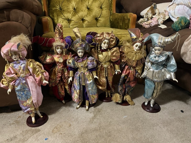 Lot of 6 Fantasy Jester/Clown Costume Dolls on Stands - Doll Lot Set