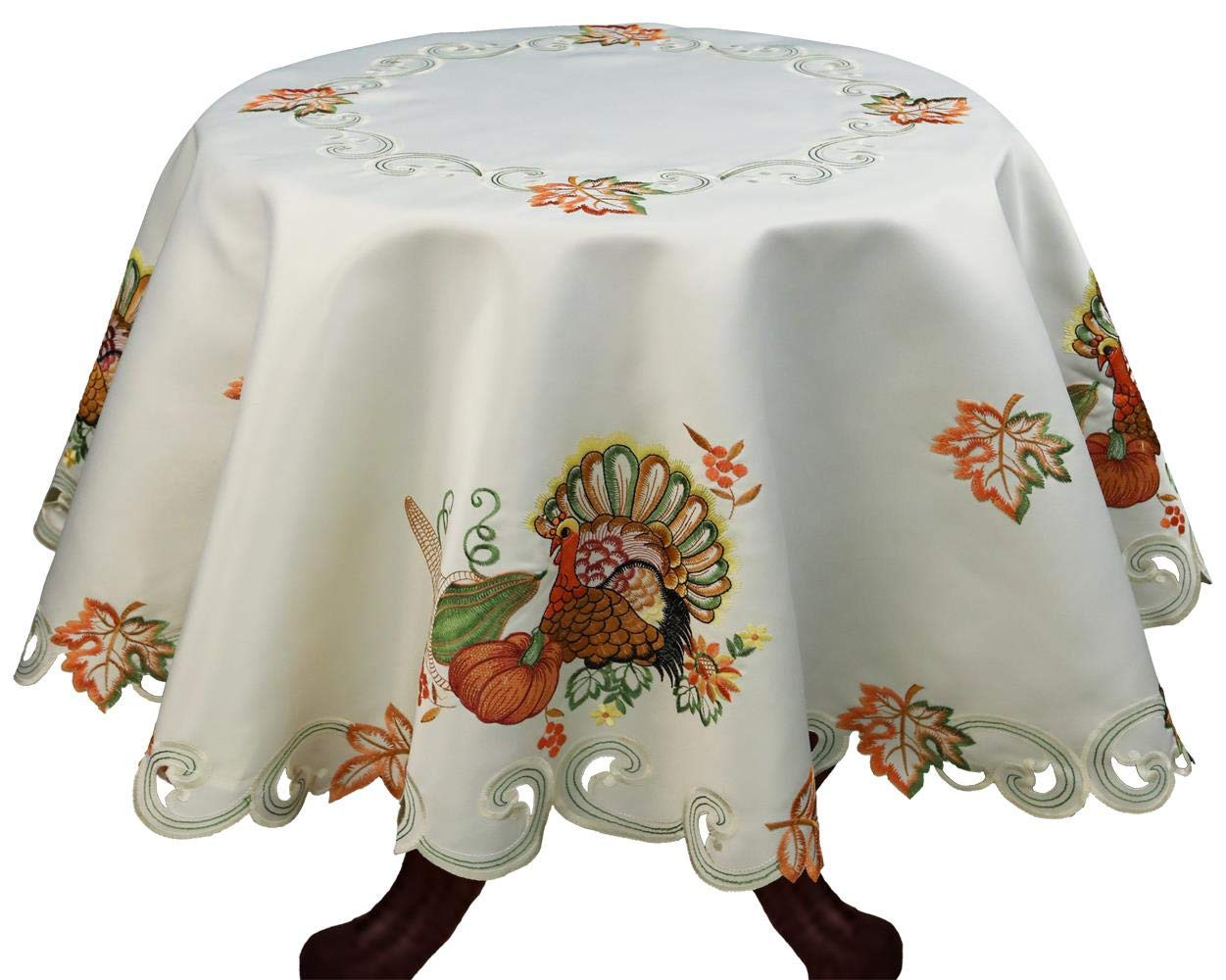 Linens Fall Harvest Thanksgiving Tablecloth Embroidered Turkey Pumpkin Maple Lea
