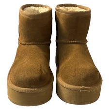 UGG Kids Classic Mini Platform Youth Boots Chestnut Brown - Size US 1 Cream Fur