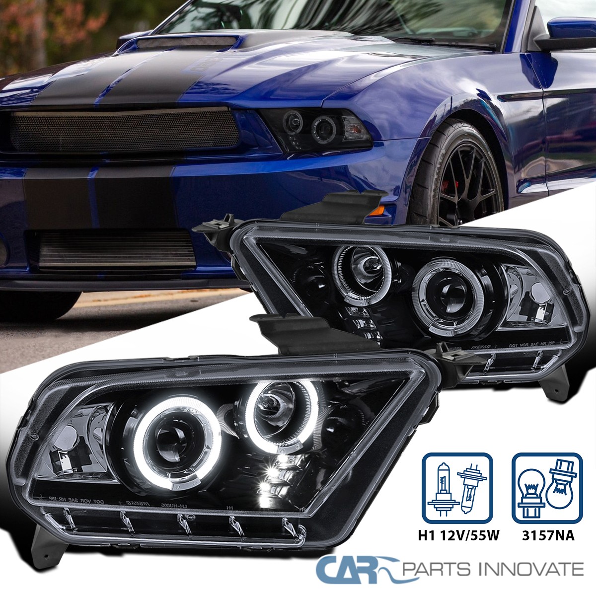 Fits 2010-2014 Ford Mustang Black Smoke LED Halo Rings Projector Headlights Lamp