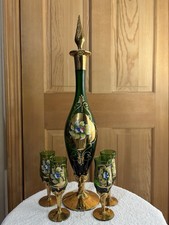 Vtg MCM Bohemian Italian Emerald Green Glass Decanter Set 24k Gold Gilt Enamel.