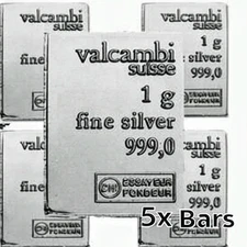 5× 1 Gram Pure Silver Bullion Bars .999 Fine Valcambi  Multiple QTY 1g 5G total