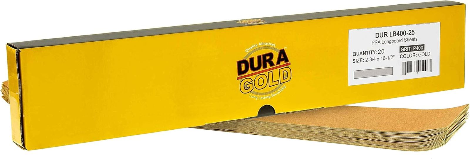 Premium 400 Grit Gold Pre-Cut PSA Longboard Sandpaper Sheets, Box of 20, 2-3/4