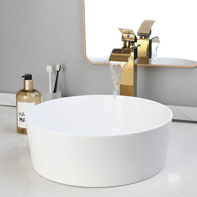 15'' White Bathroom Vessel Sink Round Stone Resin Basin Bowl Combos Gold Faucet