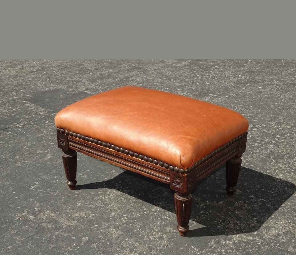 Vintage French Provincial Burnt Orange Leather Footstool - Image 2 of 4