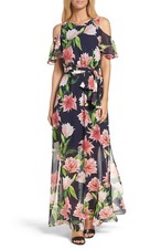 ELIZA J Blue Pink Floral Print Cold Shoulder Belted Waist Sash Maxi Dress 14 = L