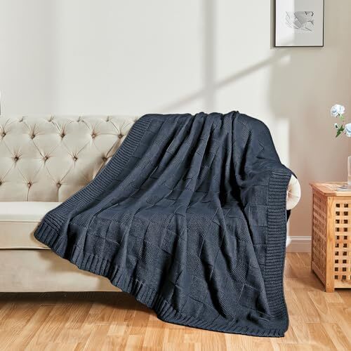 Knit Throw Blanket,Navy Blue Checkered Throw Blanket for 60"X80