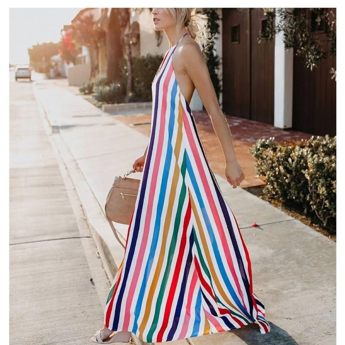 grey suit dress shirt Stripe Halter Maxi Dress