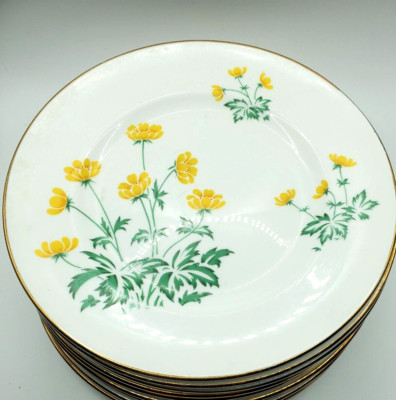 Crown Sterling Surrey Buttercup Salad Plates England Fine Bone China Gold Rimmed