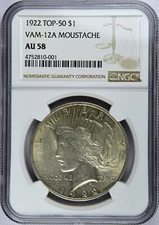 1922 P NGC AU58 VAM-12A Moustache Top 50 Peace Silver Dollar
