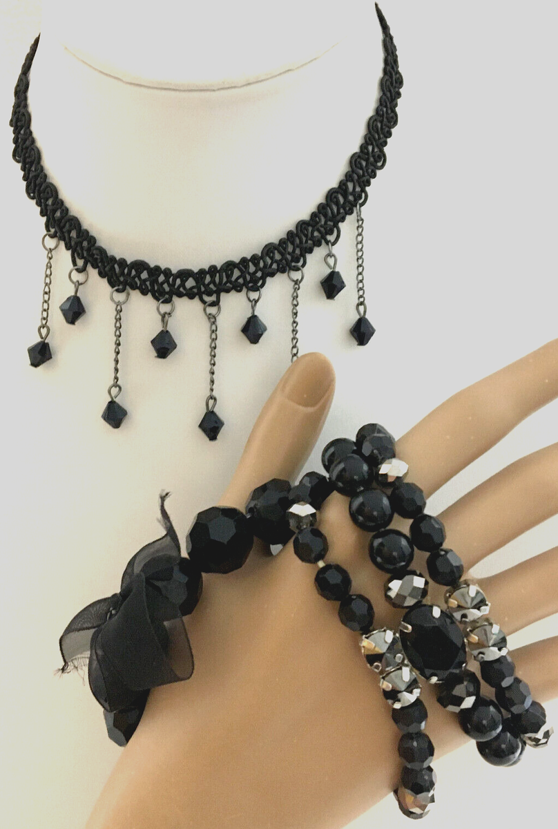 Necklace Choker Bracelet Stretch Black Ribbon Faceted Beads Necklace Choker Bracelet Stretch Black Ribbon Faceted Beads