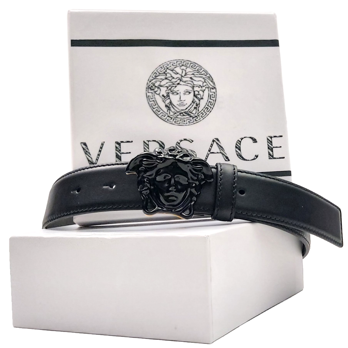 Versace Black Leather La Medusa Head Decorated Buckle Belt