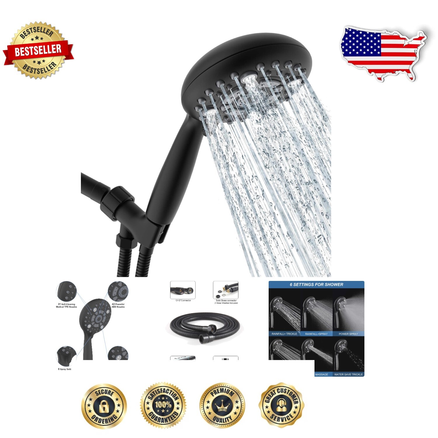 Luxury 6-Mode Shower Head with Long 71-Inch Hose for Ultimate Bathing Comfort