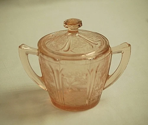 Cherry Blossom Pink Jeannette Covered Sugar Bowl Depression Glass 1930s