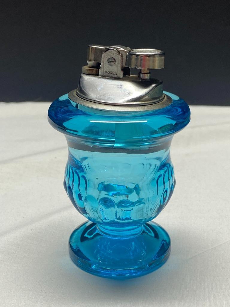 Mid Century Vintage Blue Glass Table Top Lighter ~ Butane ~ Works!