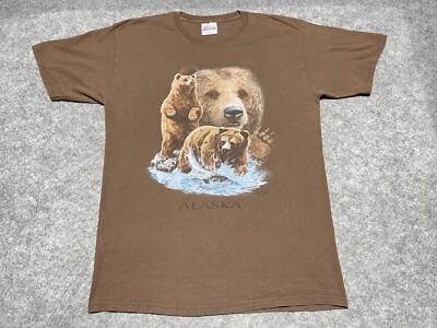 Vintage ALASKA Grizzly Kodiak Brown Bear Medium Fish River Y2K Shirt Wilderness