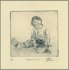 Adorable CHILD; MESSY HAIR & CLOTHES. Original Impressionist ETCHING signed