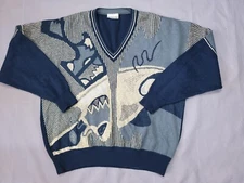 Mens Vintage Sweater Size 2XL Oversized Pierre Sangan Jumper Anstract V Neck