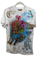 Vintage Christian Audigier Skulls Roses T Shirt sz L Rhinestones Y2K 2000's Rare