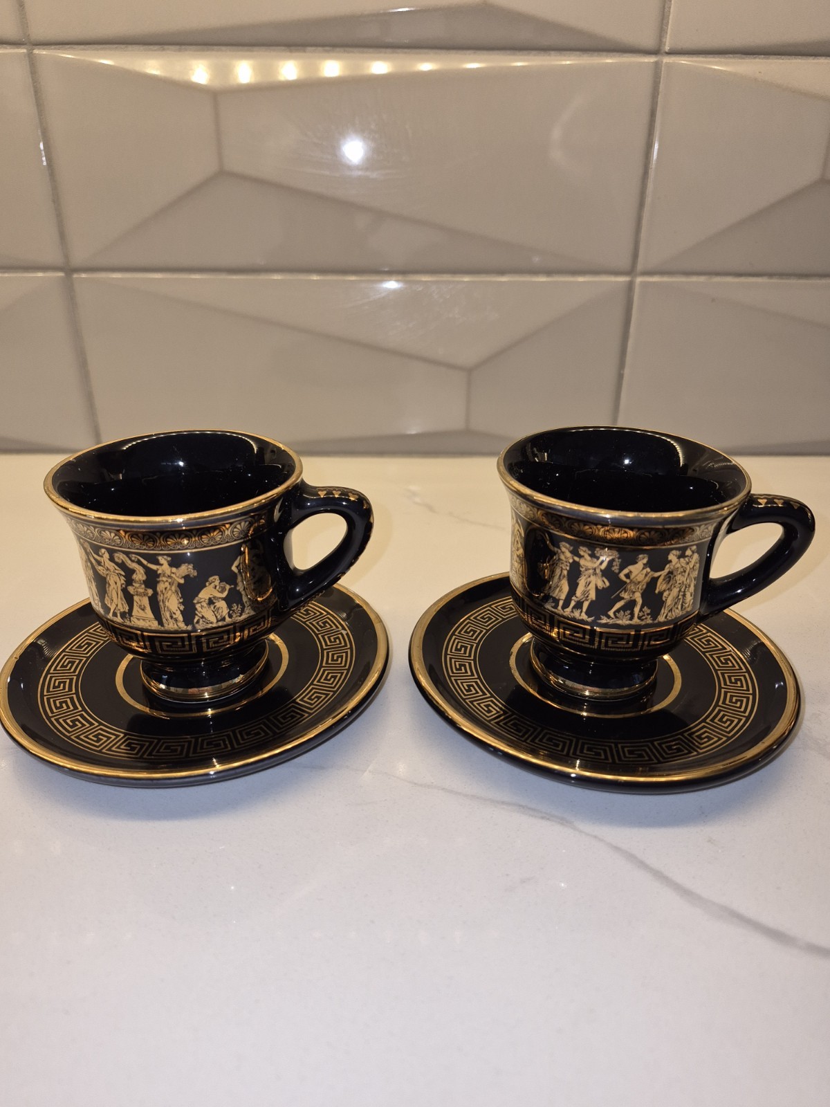 Greek Demitasse Cups And Saucers Set Handmade In Greece, 24K Gold