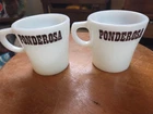 2 VTG. PYREX MILK GLASS 3" PONDEROSA STEAK HOUSE COFFEE MUGS. NICE!