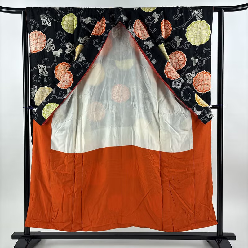 れい ❁︎❁︎ JAPANESE KIMONO FURISODE BLACK 153.5cm 5 ft 0 in PURE SILK AA7579