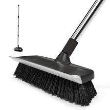 Scrub Brush with Long Handle, 10" Wide Stiff Bristles Deck Brush, Heavy-Duty ...