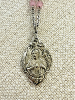 Silver Mount Carmel Sacramental With Cat Eye Rose Pink Beaded Stainless Chain