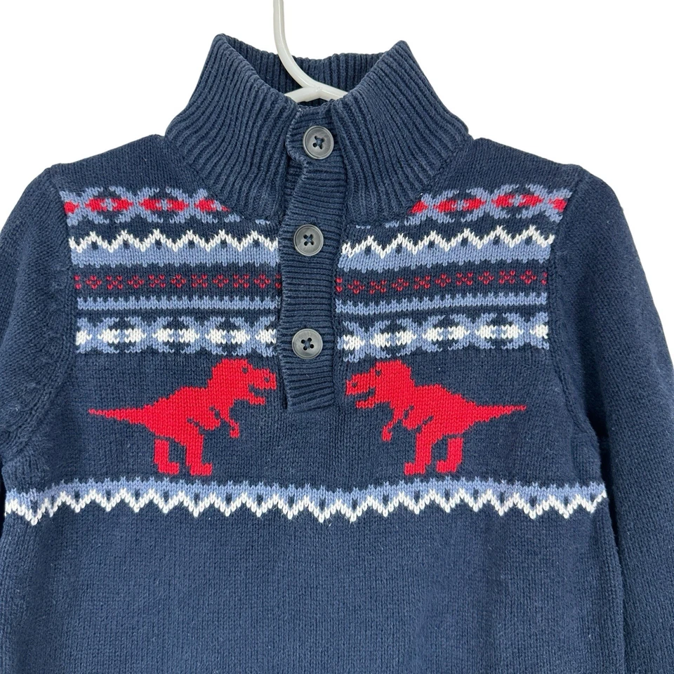 Свитер Childrens Place для мальчиков 4T темно-синий Fair Isle динозавр скандинавский на пуговицах имитация шеи - Изображение 2 из 4