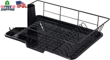 3-Piece Space-Saving Dish Drainer Rack Set w/ Cutlery Holder, Black