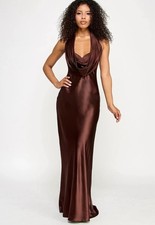 KATIA RAE Juniors' Satin Cowl-Neck Halter Gown - Brown - M