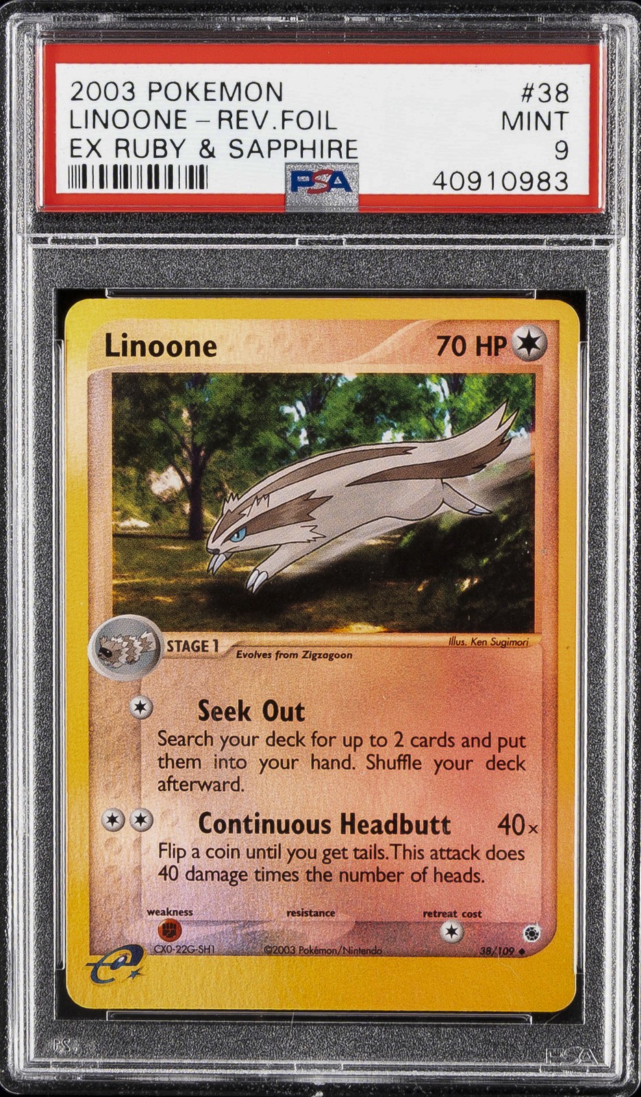 2003 POKEMON EX RUBY & SAPPHIRE #38 LINOONE-REVERSE FOIL PSA 9