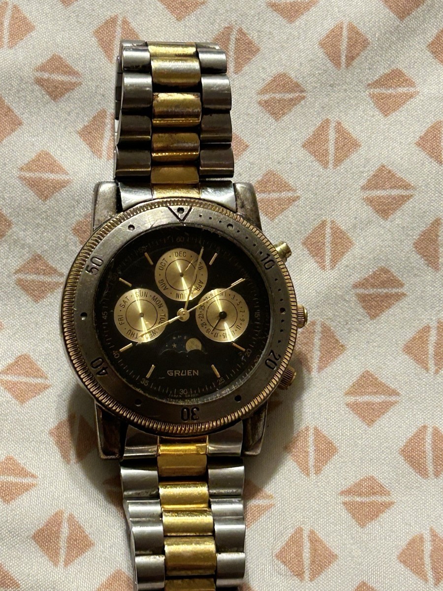 Gruen Moon Phase Watch Men 38mm Gold Tone Day Date Month | eBay