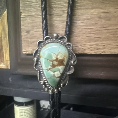 Native Green Turquoise Bolo Tie Sterling Silver Navajo