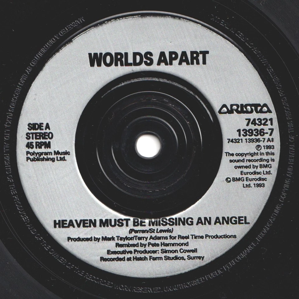 Worlds Apart (Boy Band) Heaven Must Be Missing An Angel 7" vinyl UK Arista 1993 - Image 3 of 3