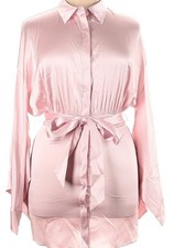 Retrofete Silk Blend Pink Flare Arm Belted Button Front Mini Cocktail Dress, XL
