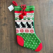Christmas Cat Knit Holiday Stocking Hobby Lobby Green Cream Red Print