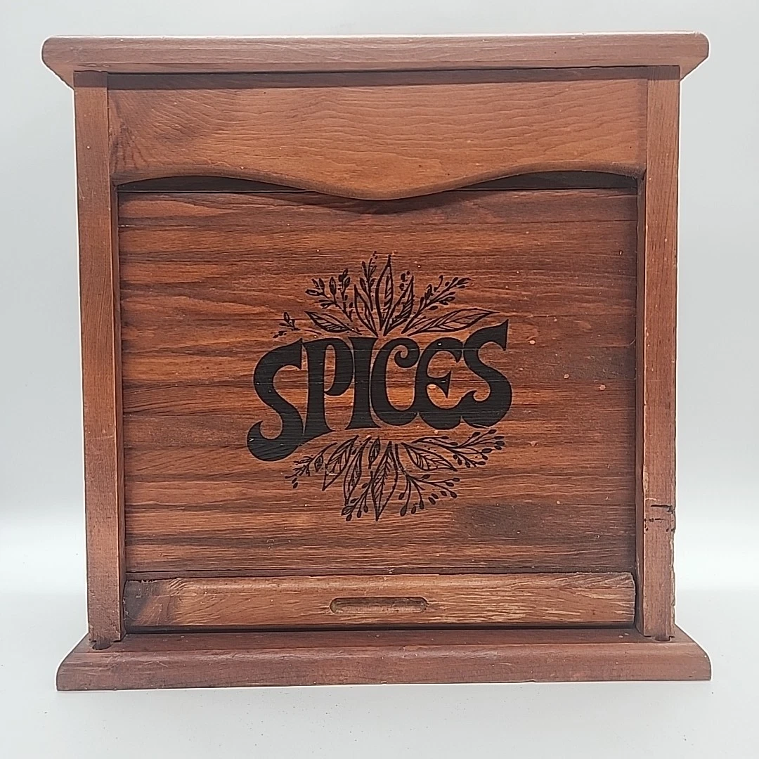 Vtg MCM Tambor Door/Roll Top Wood Spice Rack Screen Printed Logo
