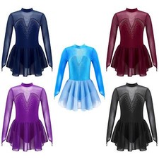 Kids Girls Skating Dress Long Sleeves Gymnastics Ballet Leotard Dress Dancewear