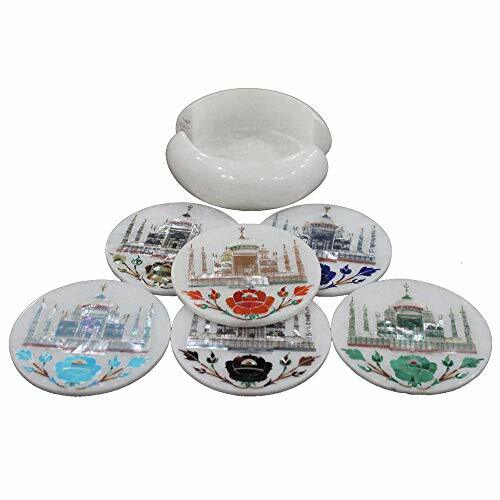 Omikaoverseas – Lot De 6 Dessous De Verre En Marbre Blanc – Incrustation Florale Paon – Fait Main Inde