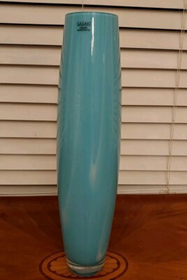 Sasaski Vase 20'' Glass Vase Aqua Blue Turquoise Gorgeous Made In Poland
