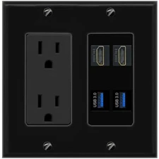 2 HD 2 USB-3 Port Wall Plate Black w Power Outlet